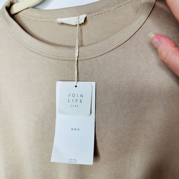 NWT Zara W & B Collection Tan Long Drop Sleeve Front Corset Lace Up Waist Top M - Picture 9 of 12